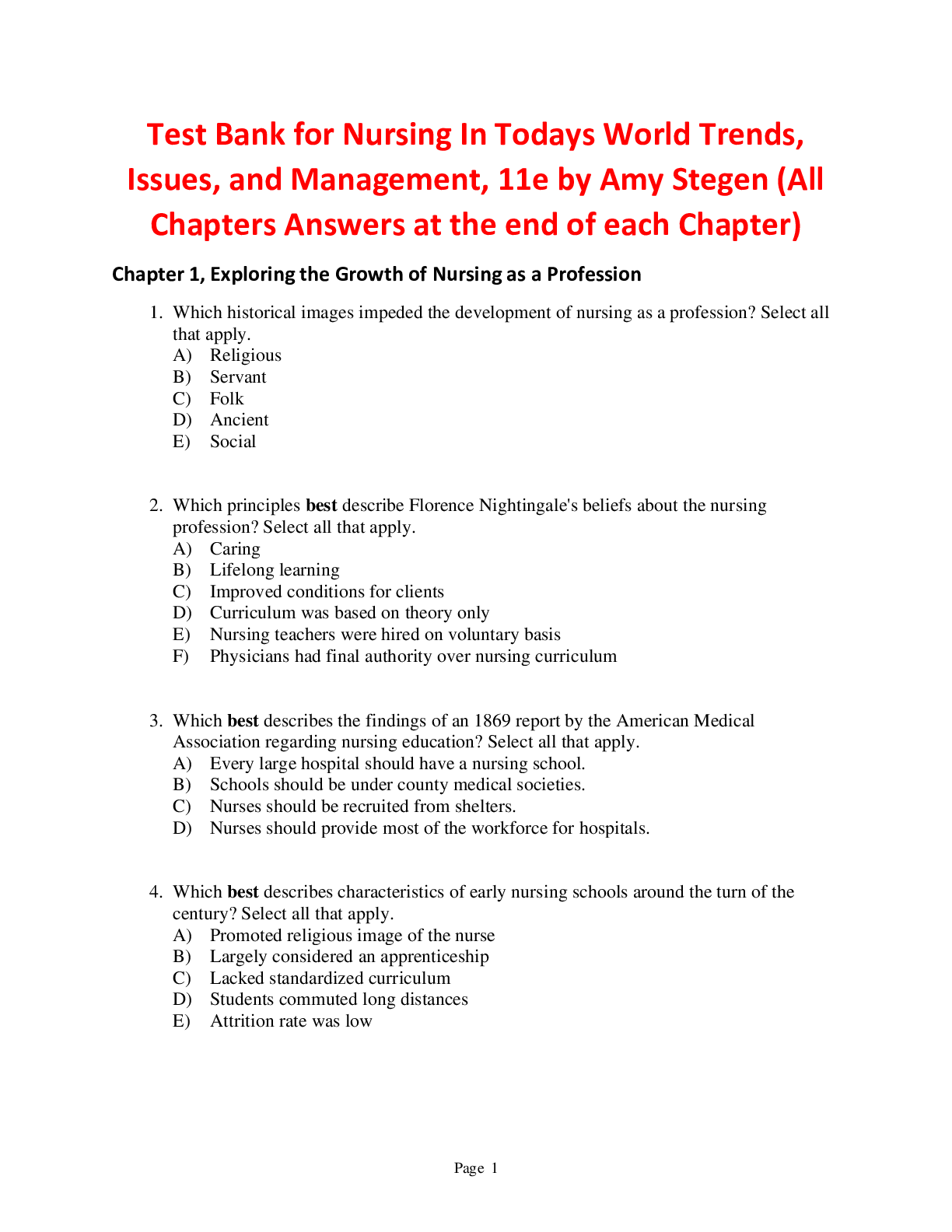 Preview of Nursing In Todays World Trends ,Issues, and Management, 11e by Amy Stegen (Test Bank)
